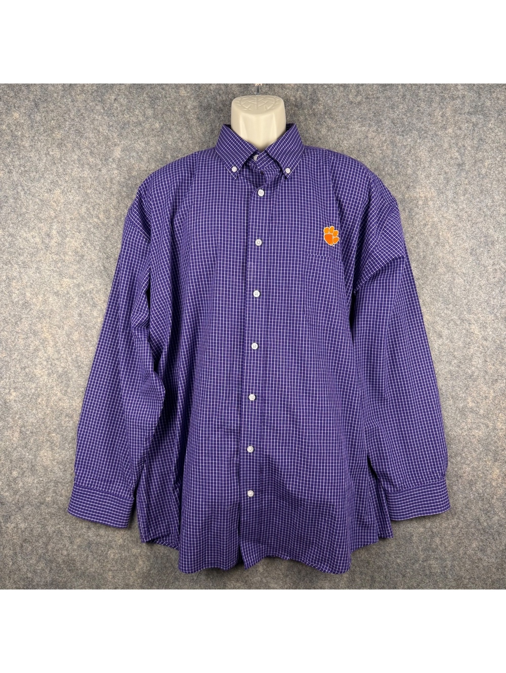 Clemson Tigers Long Sleeve Button Front Shirt Purple White Check Men 2XL 292